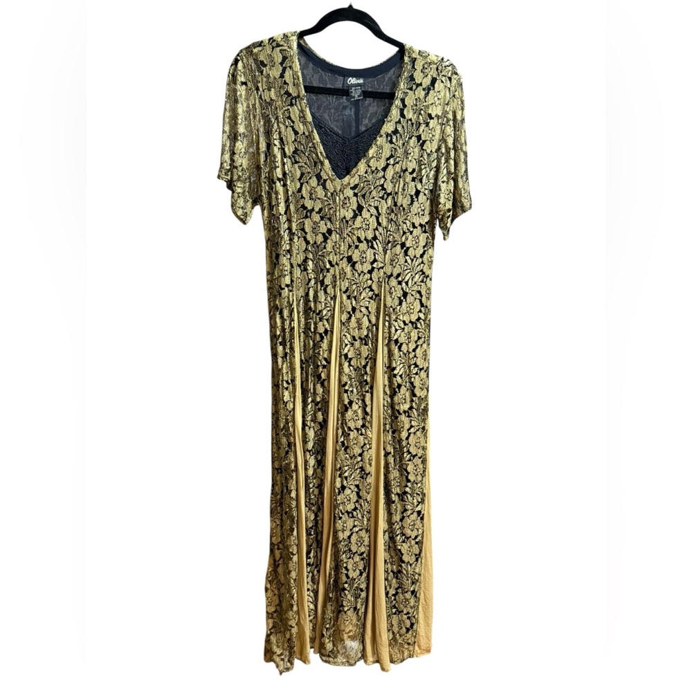 Vintage Gold & Black‎ Shimmery Floral Maxi Dress Evening Gown Sz S